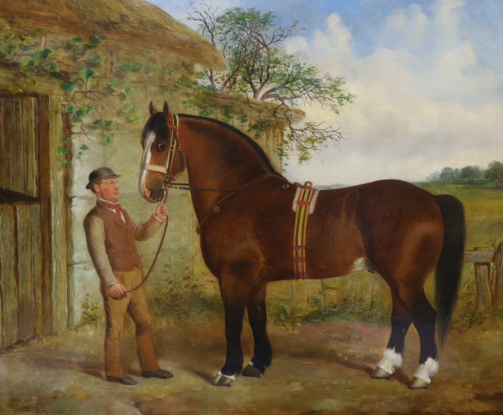 Circle of John Ferneley Jnr. (1815-1862), oil on canvas, Portrait of a horse with groom in attendance, 65 x 79cm